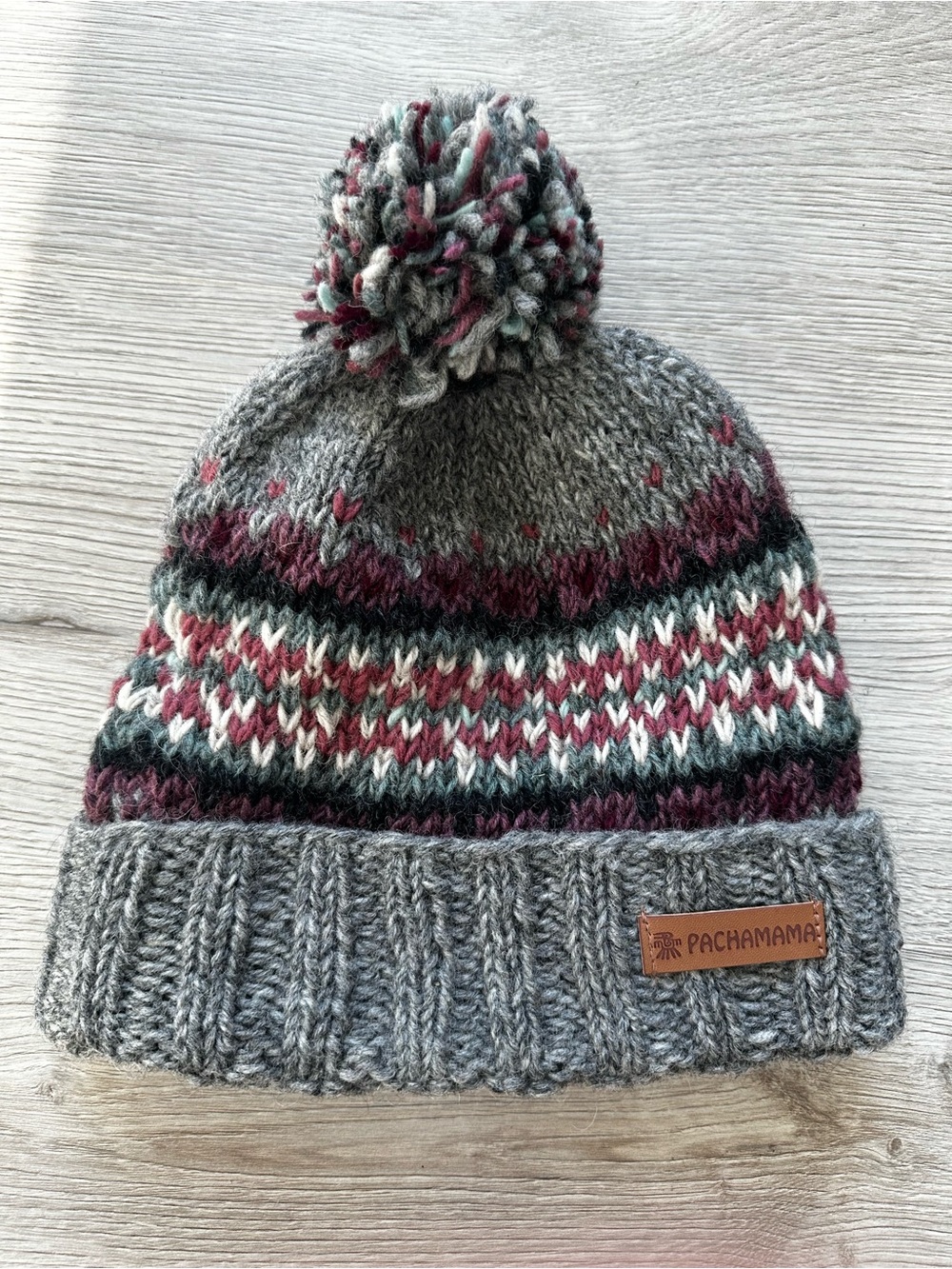 Pachamama Hand Knitted Wool Westport Bobble Beanie Hat 9.5” Pink Grey Poly Lined